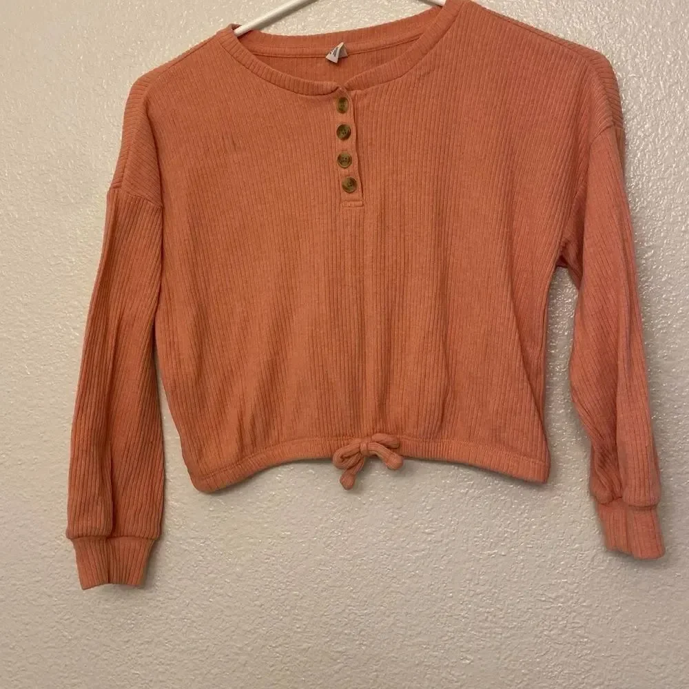 Old Navy oversized orange cozy ribbed long sleeve knit henley top shirt S 6-7